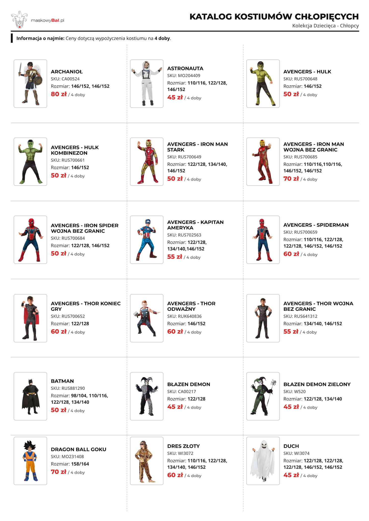 Katalog chłopców wypożyczalni strojów Maskowy Bal